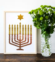 Jewish Fused Applique - Red Gold Menorah w/ Gold Candles  #1