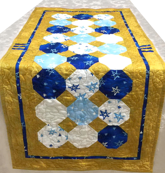 Quilted Star of David Snowball Table Runner With Blue Edging